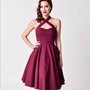 NWOT Unique Vintage Rita Halter Swing Dress in Burgundy w/ original Belt